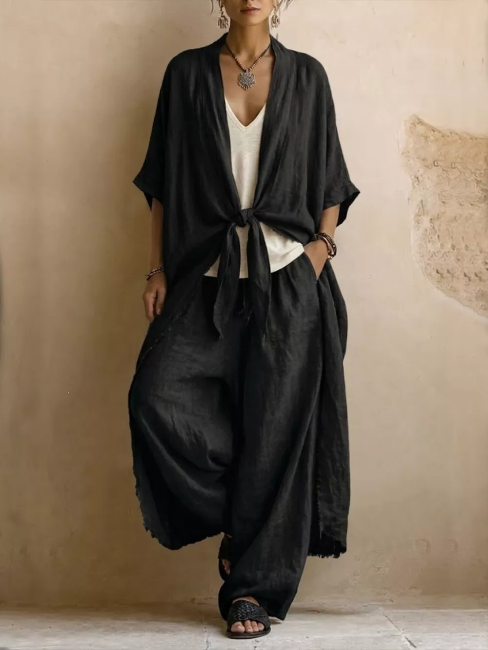 Full Size Tie-Front Cardigan and Wide-Leg Pants Set Plus Size, image 5