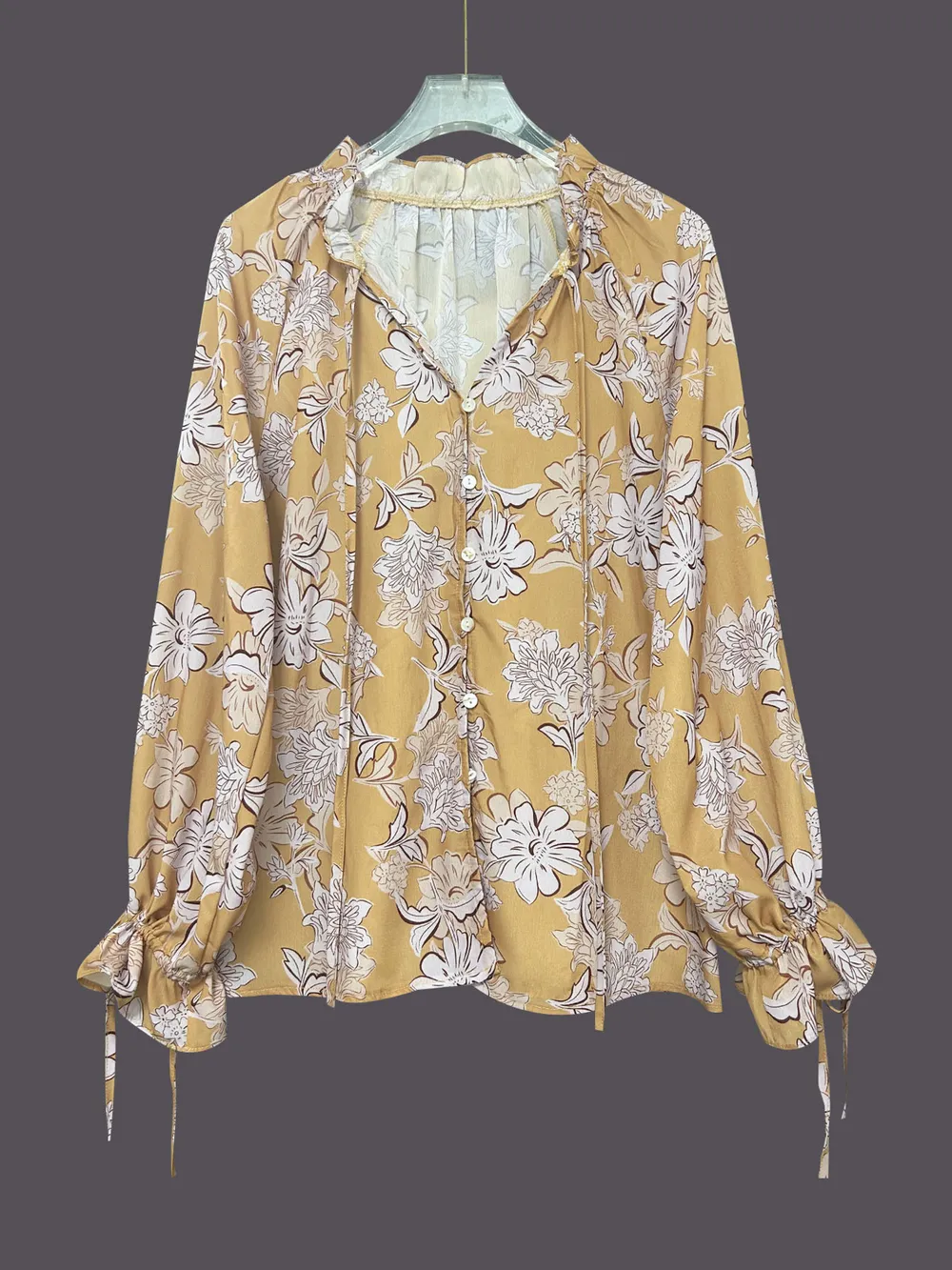 Printed Tie Neck Flounce Sleeve Blouse, image 3