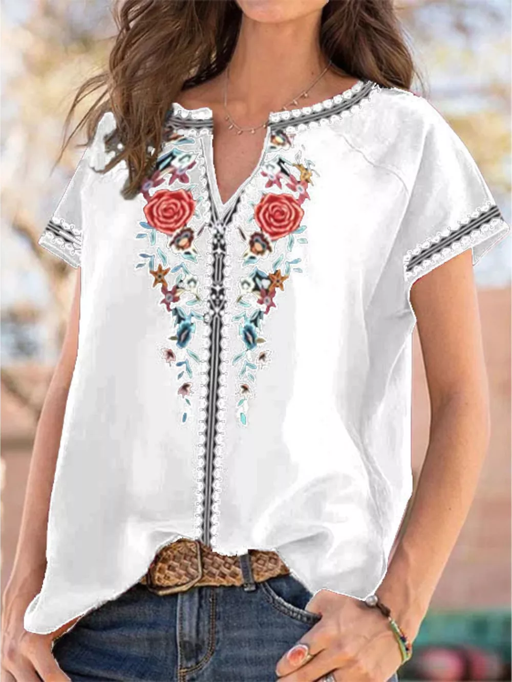 Full Size Floral Notched Short Sleeve Blouse Plus Size, image 2
