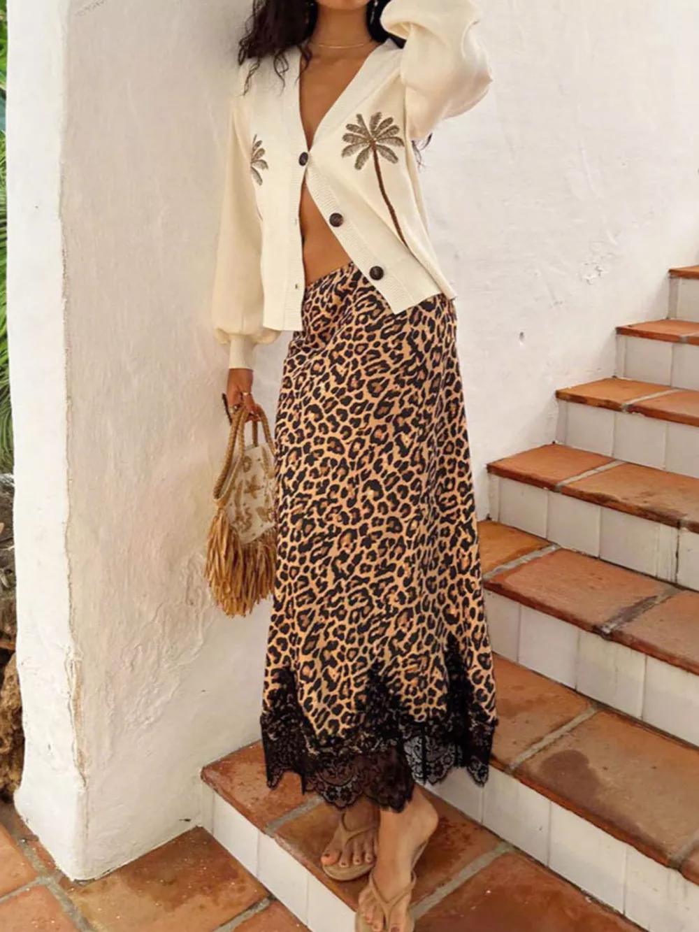 Lace Trim Leopard Maxi Skirt, image 2
