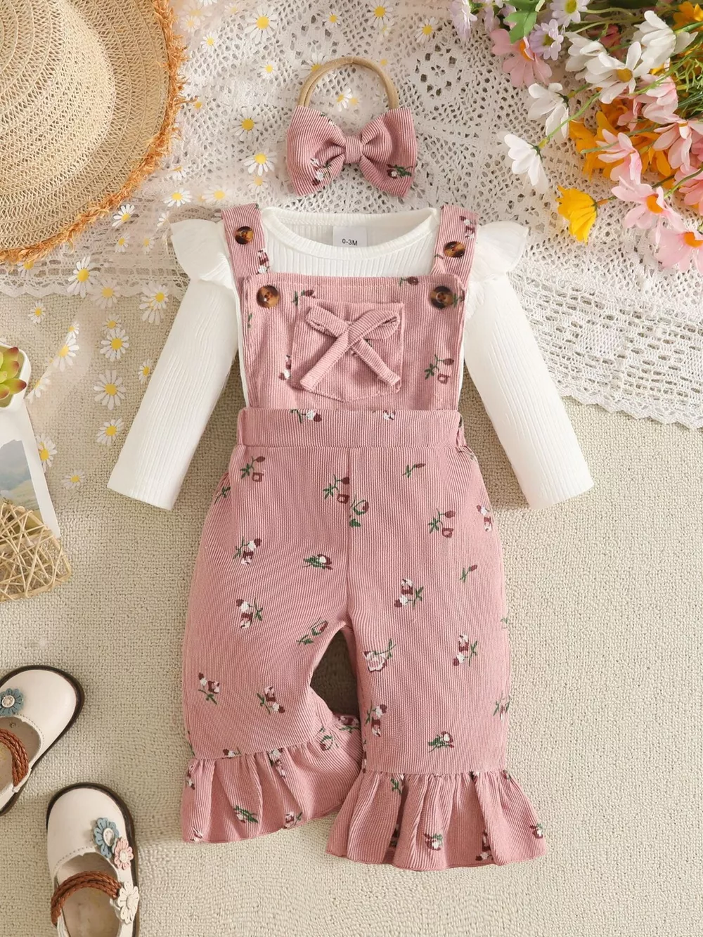 Children's Ribbed Bodysuit and Overalls Set with Headband