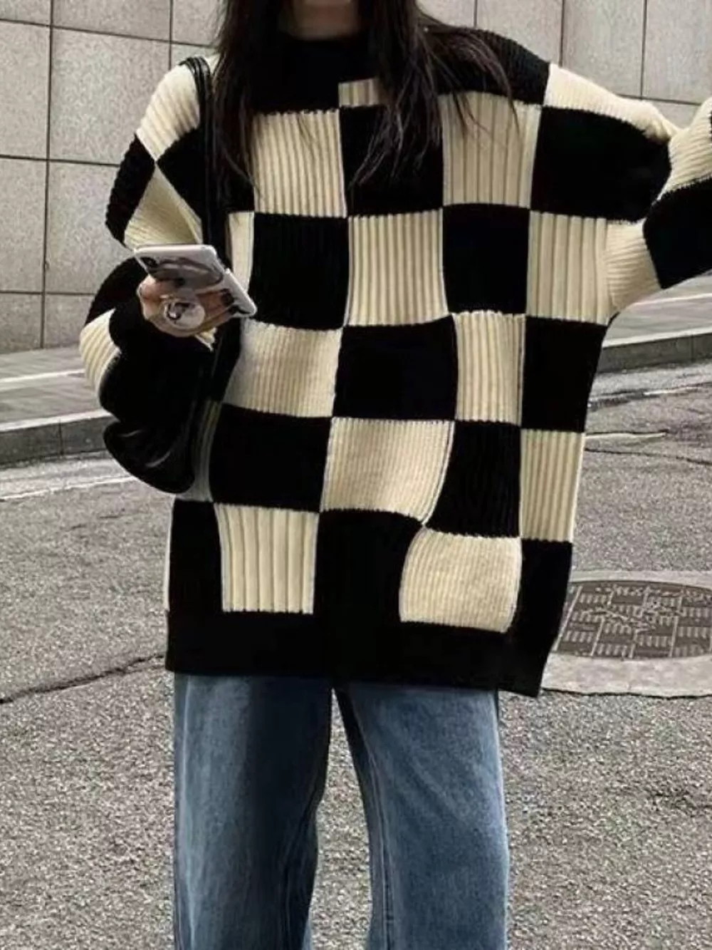 Checkerboard Pattern Oversized Sweater, image 7