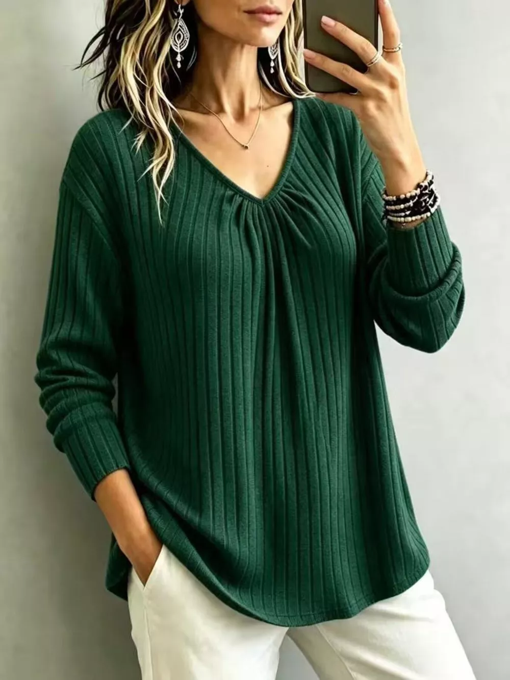 V-Neck Ribbed Long Sleeve T-Shirt, image 9