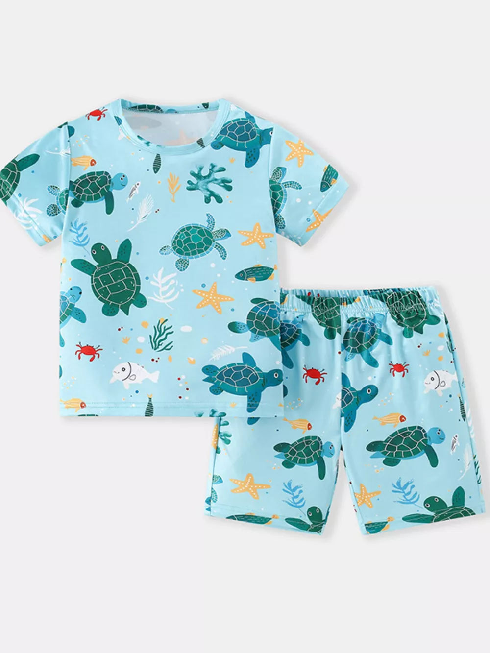 Children's Turtle Print Round Neck Tee and Shorts Set