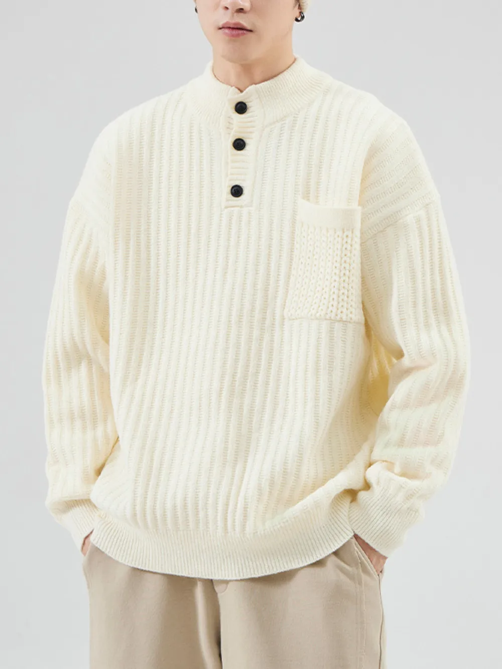 Men's Full Size Button Detail Long Sleeve Sweater Plus Size, image 2