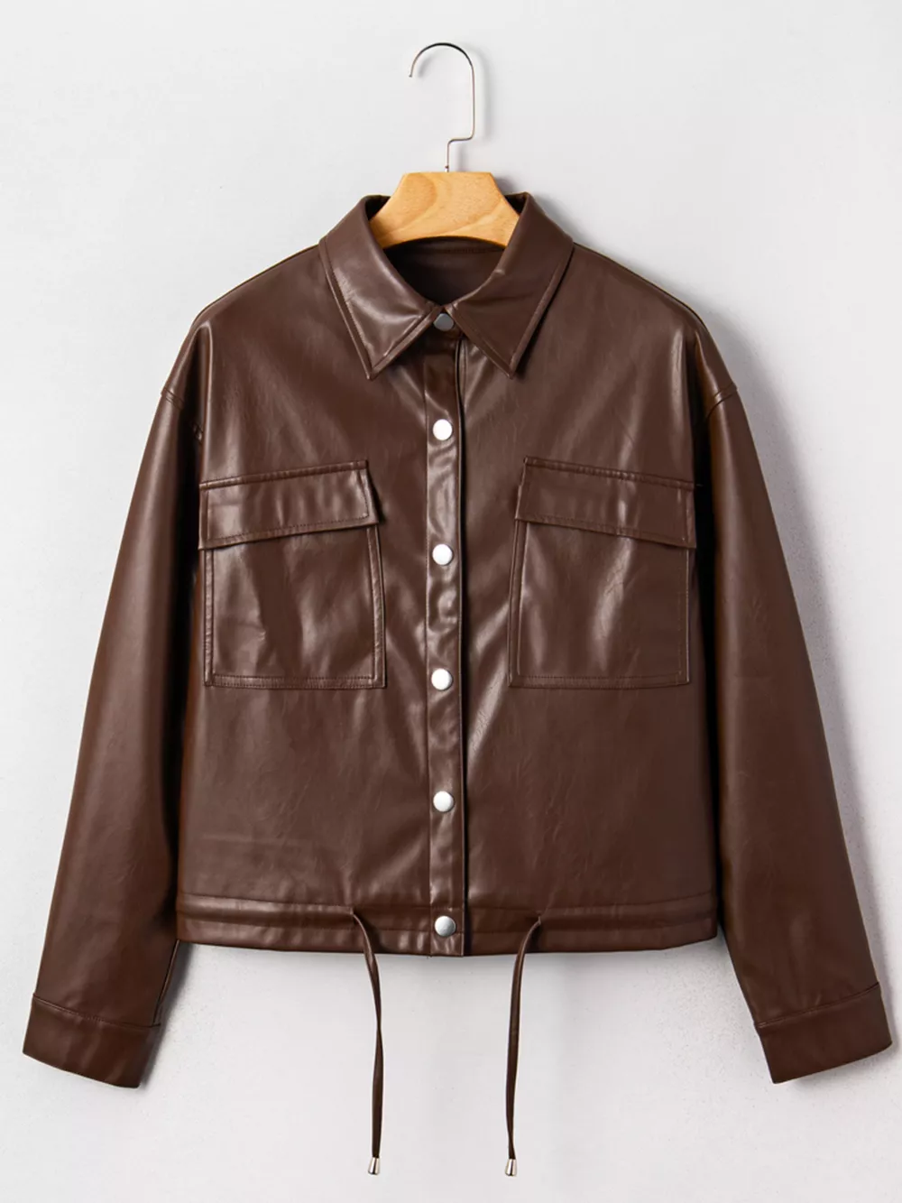 Double Flap Pocket Drawstring Hem Leather Jacket, image 9