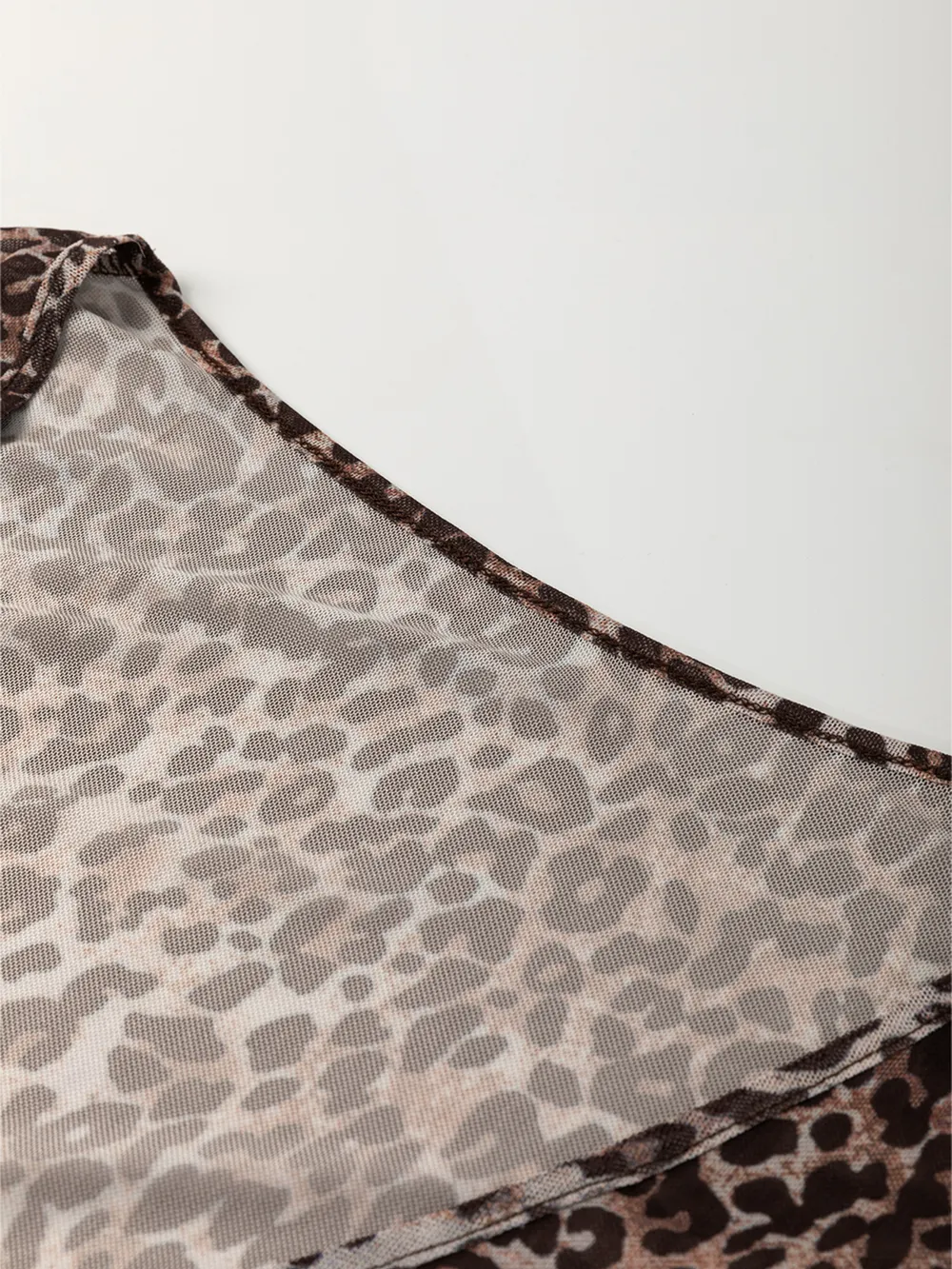 Leopard Sheer Mesh Long Sleeve V Neck Lace-Up Blouse, image 10