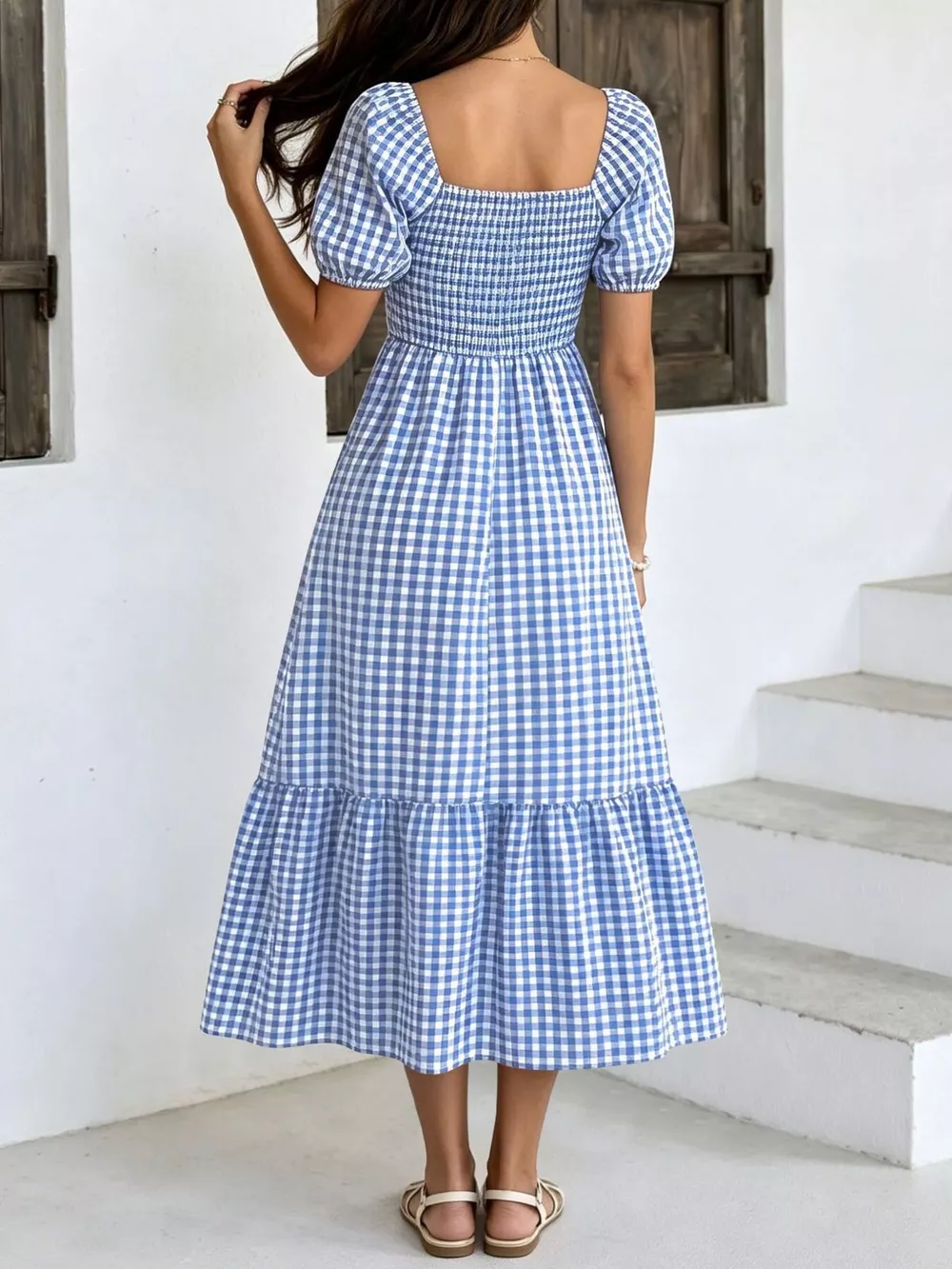 Gingham Smocked Puff Sleeve Midi Dress, image 3