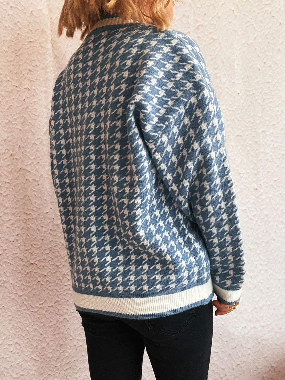 Houndstooth Pattern V-Neck Button-Up Cardigan, image 14