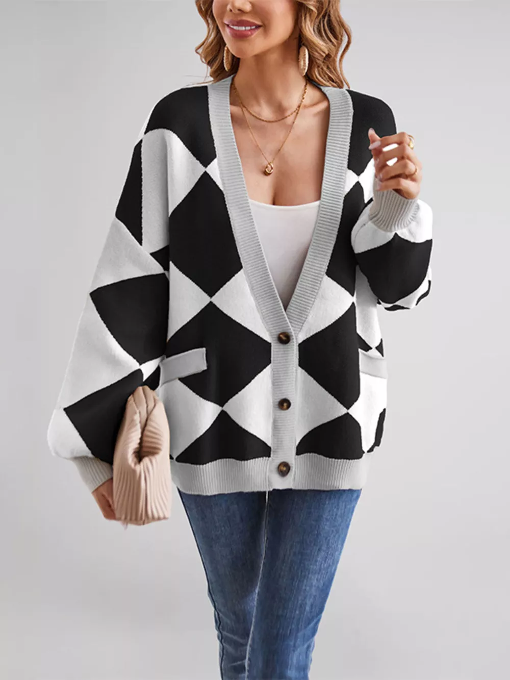 Diamond Pattern Button-Up Knit Cardigan, image 15