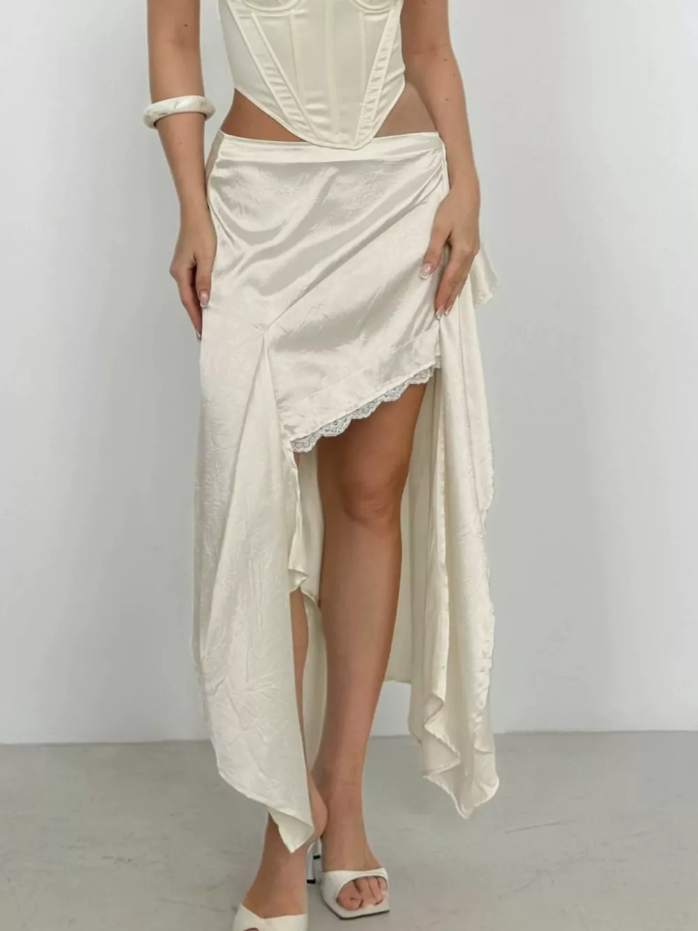 Satin High-Low Lace Trim Skirt, image 2