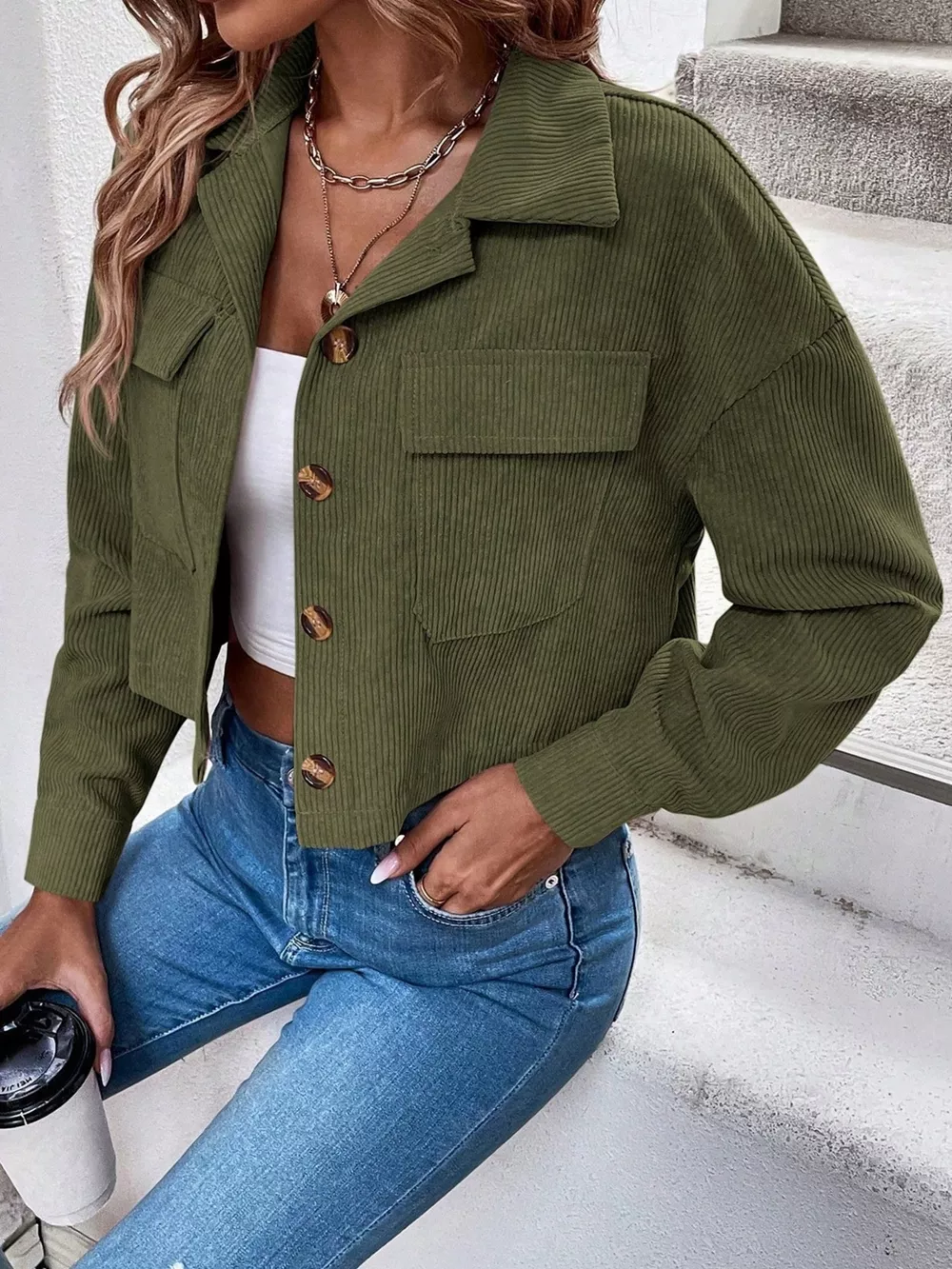 Cropped Corduroy Button-Down Jacket, image 10
