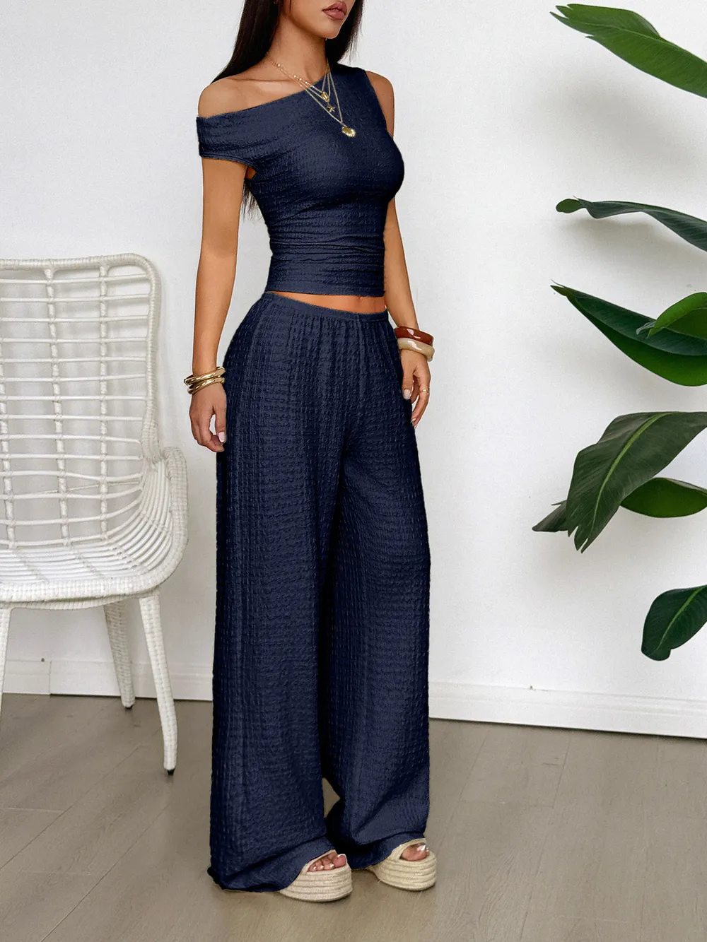 One Shoulder Top and Wide Leg Pants Set, image 7