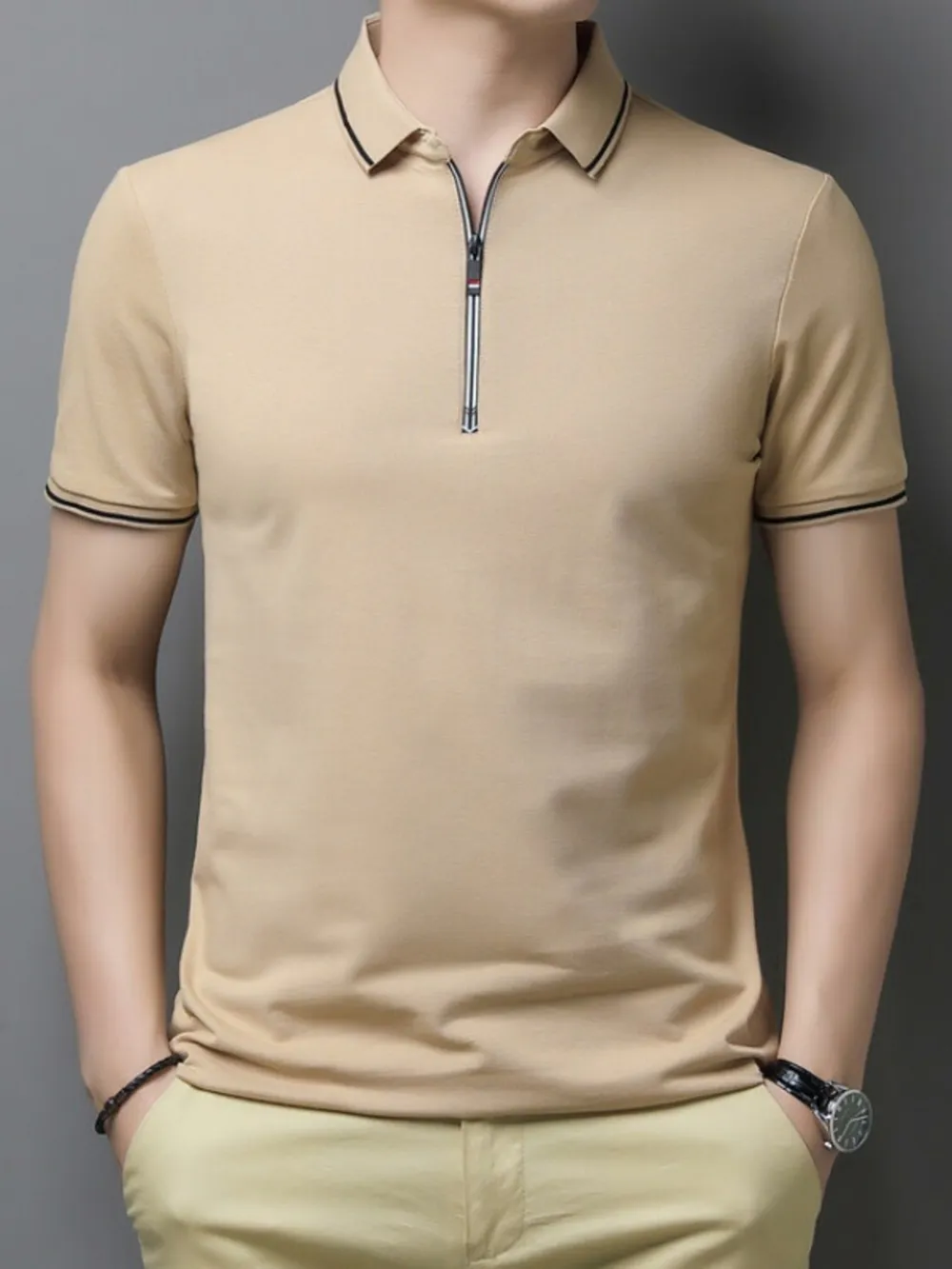 Men's Plus Size Half-Zip Contrast Trim Polo Shirt, image 3