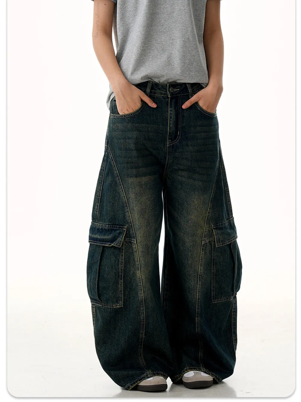 Men's Wide Leg Wash Cargo Jeans, image 4