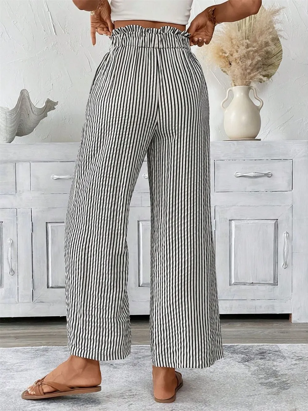 Full Size Striped Wide Leg Paper Bag Pants Plus Size, image 12