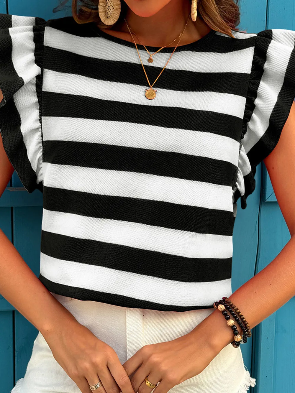 Contrast Striped Ruffle Sleeve T-Shirt, image 11