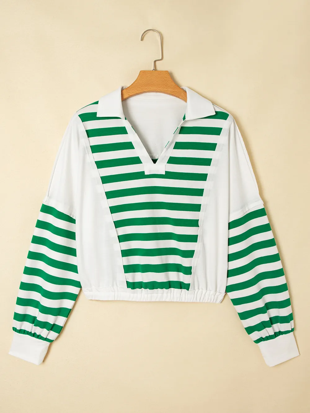 Stripe Colorblock Collared V Neck Cropped Top, image 7