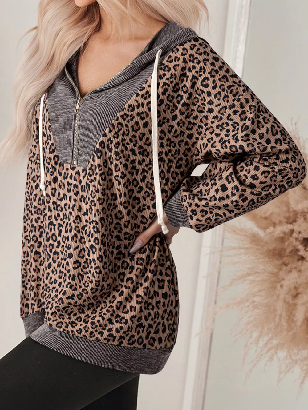 Ribbed Leopard Print Contrast Collar Zip Hoodie, image 8