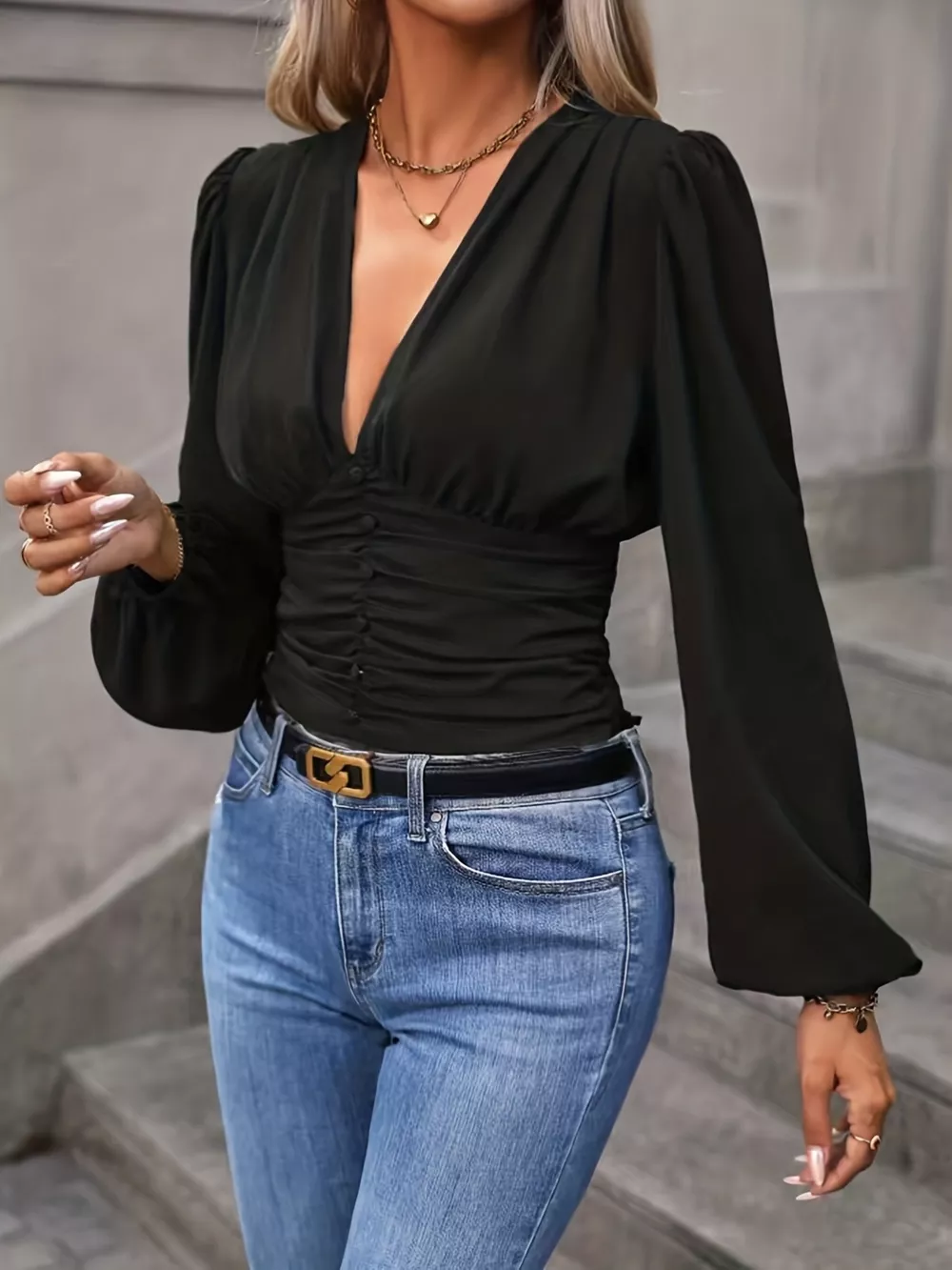 V-Neck Ruched Long Sleeve Blouse, image 4