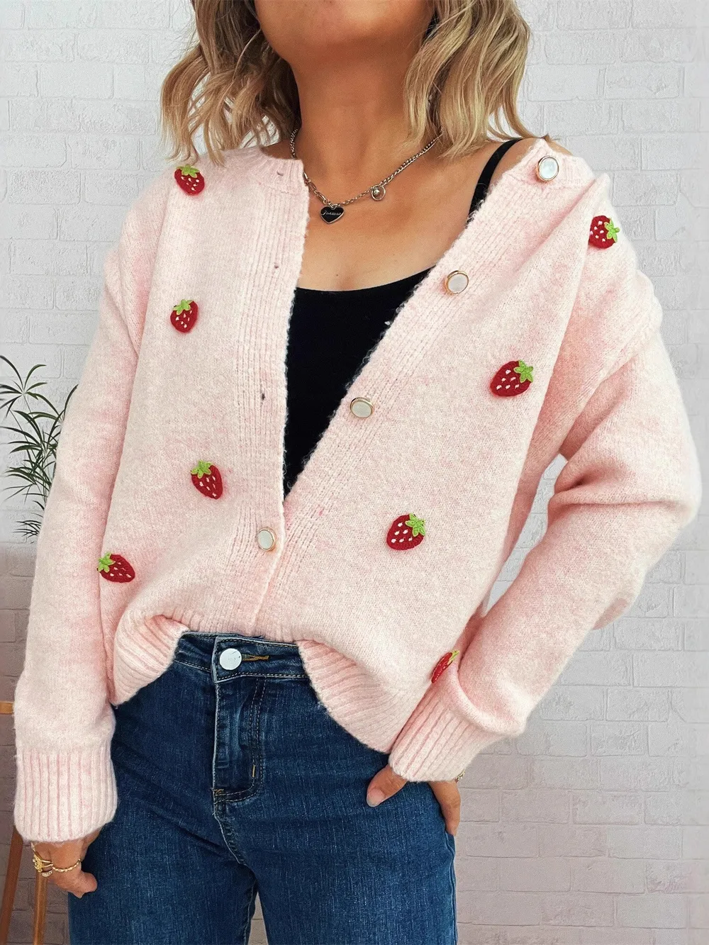 Strawberry Button Up Long Sleeve Cardigan, image 4