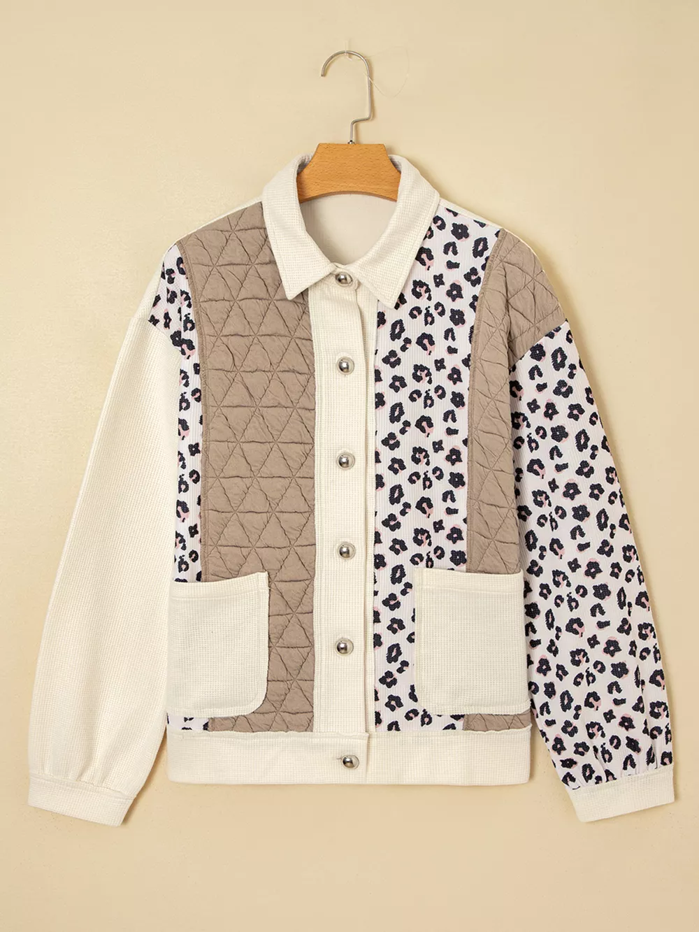 Leopard Waffle Quilted Patchwork Button Front Jacket, image 11