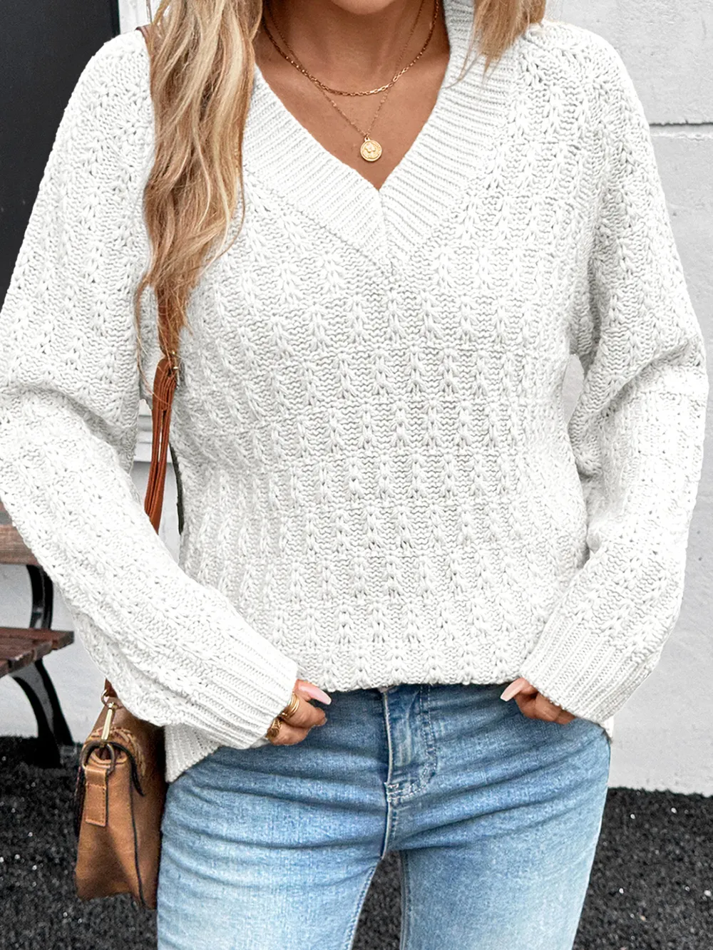 Textured Knit Ribbed Edge V Neck Loose Sweater, image 8