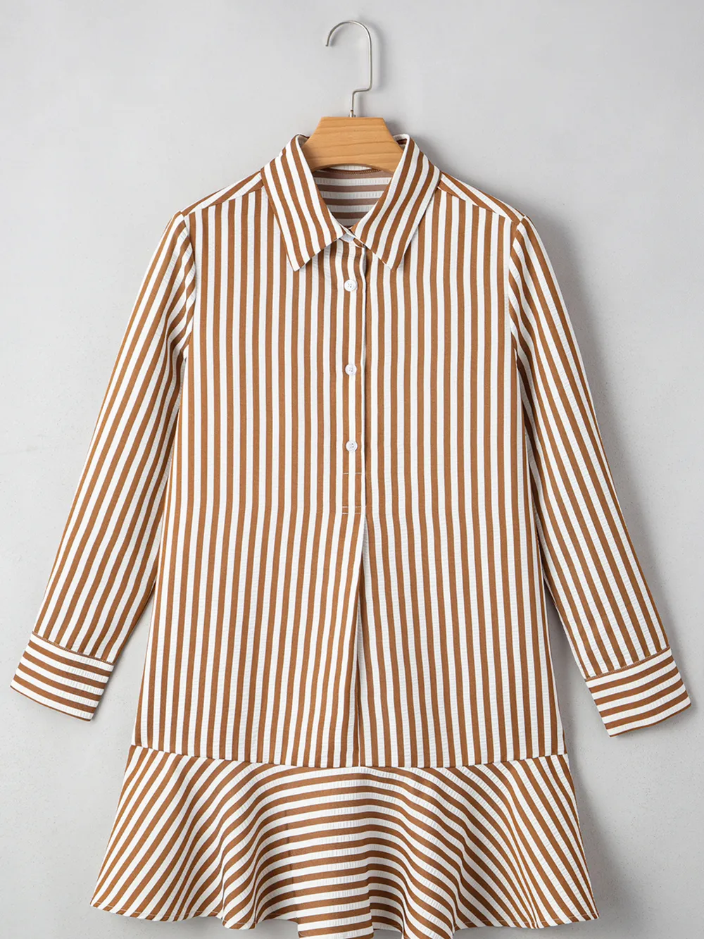 Stripe Ruffled Hem Collared Long Sleeve Shirt Mini Dress, image 4