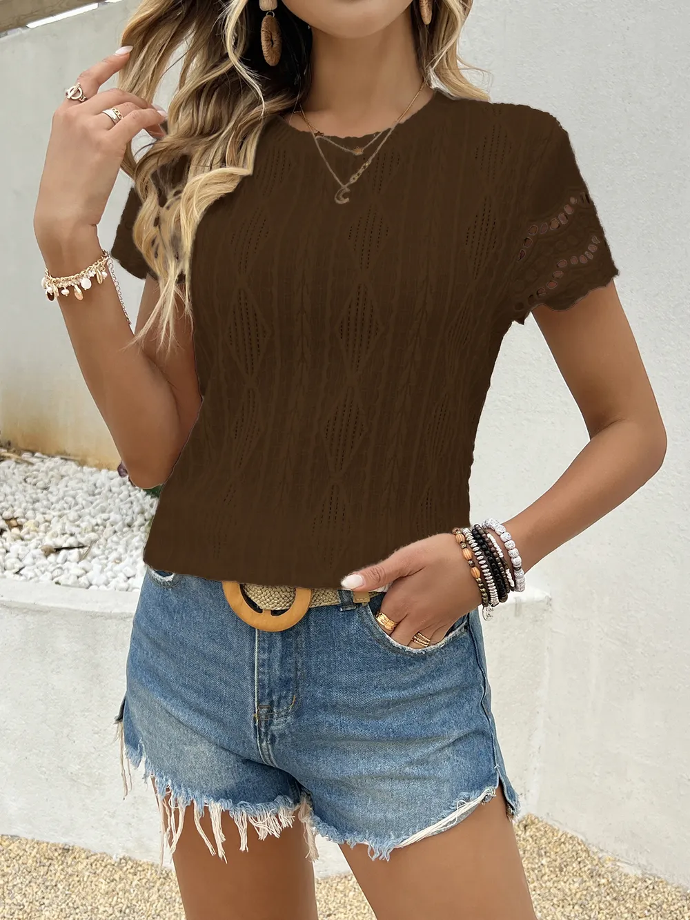 Crochet Lace Short Sleeve T-Shirt, image 15