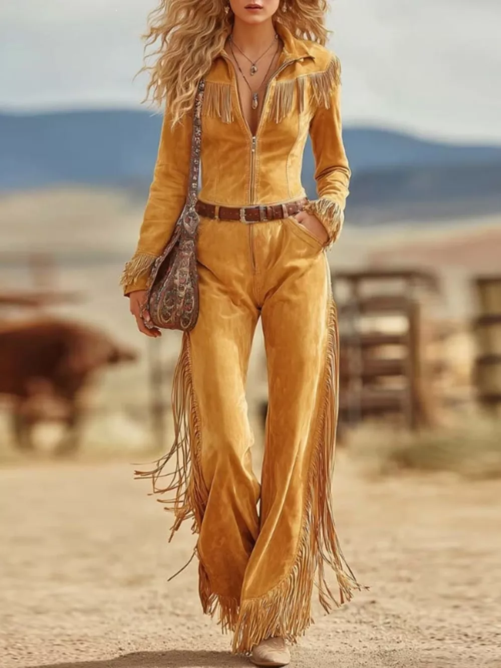Western-Inspired Suede Fringe Jumpsuit with Zipper Front, image 7