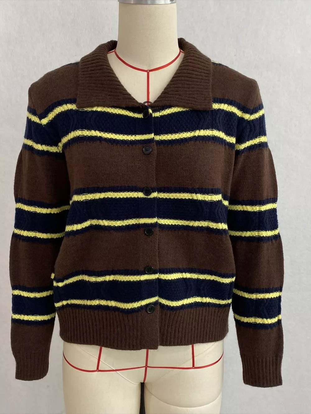 Vintage-Inspired Striped Knit Cardigan with Polo Collar, image 13