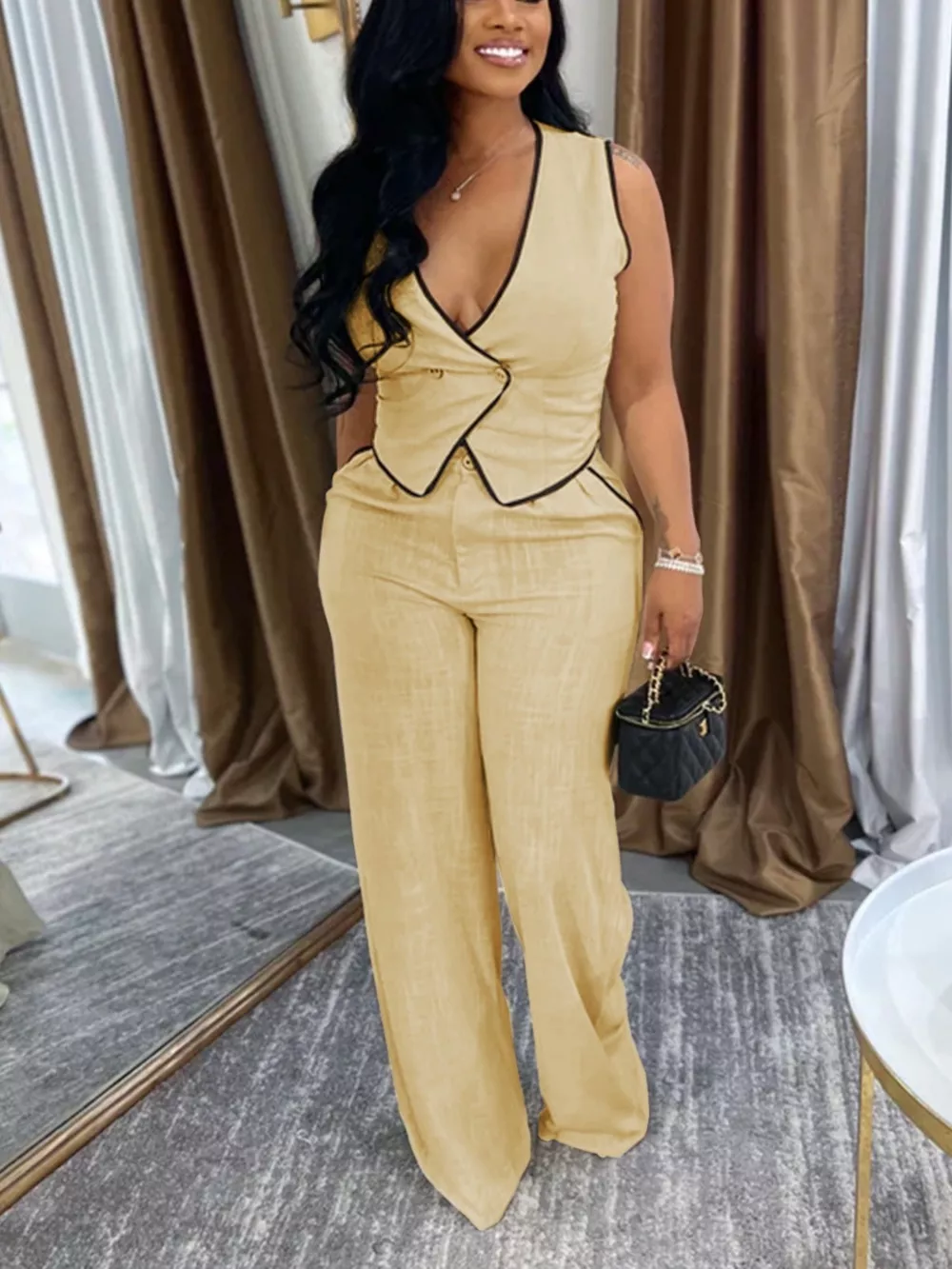 Contrast Trim Vest and Wide-Leg Pants Two-Piece Set, image 2