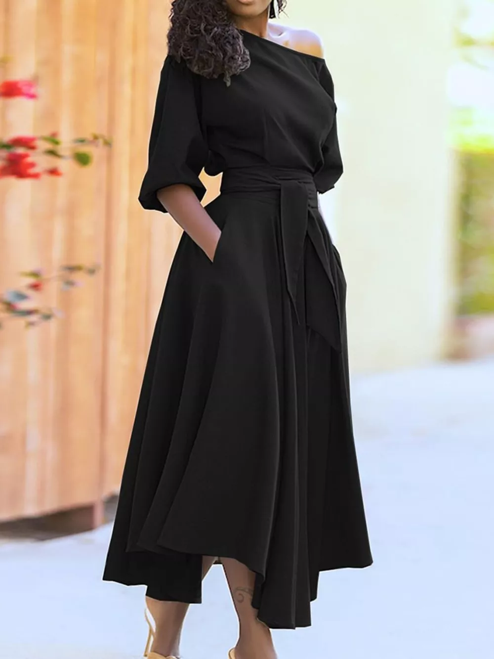 Boat Neck Tie Waist Midi Dress