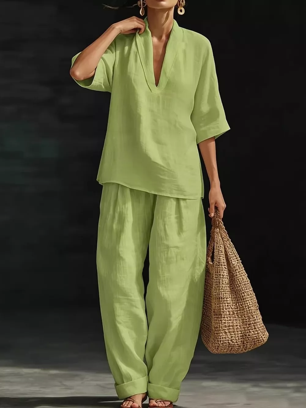 Full Size Half Sleeve Top and Wide Leg Pants Set Plus Size, image 3