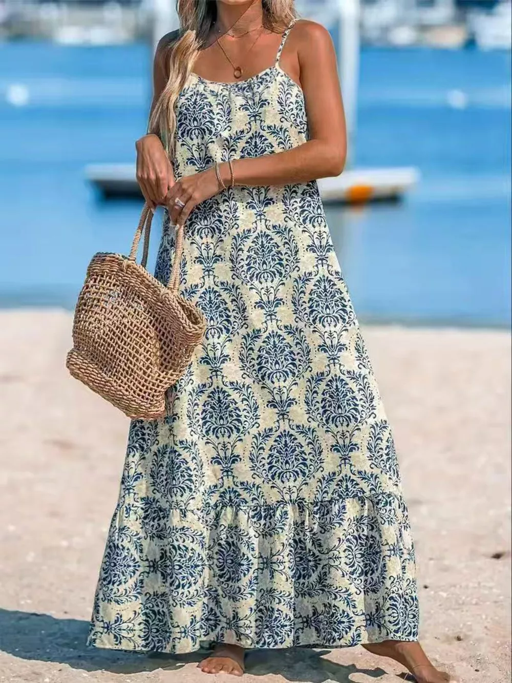 Plus Size Bohemian Spaghetti Strap Damask Print Maxi Beach Dress, image 3