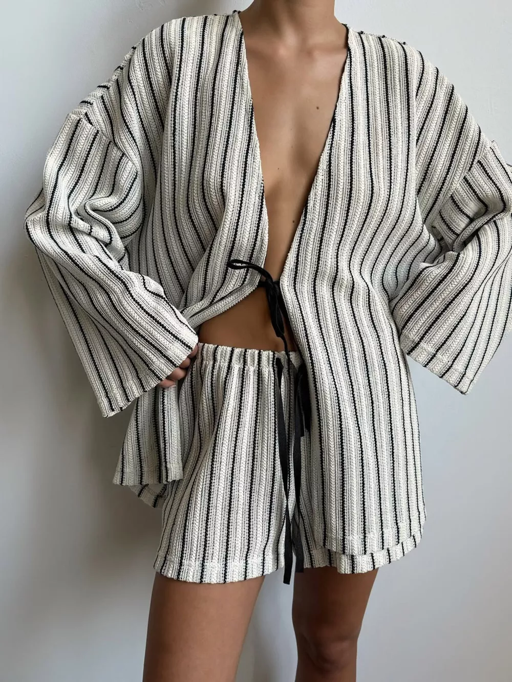 Striped Tie Front Top and Shorts Lounge Set
