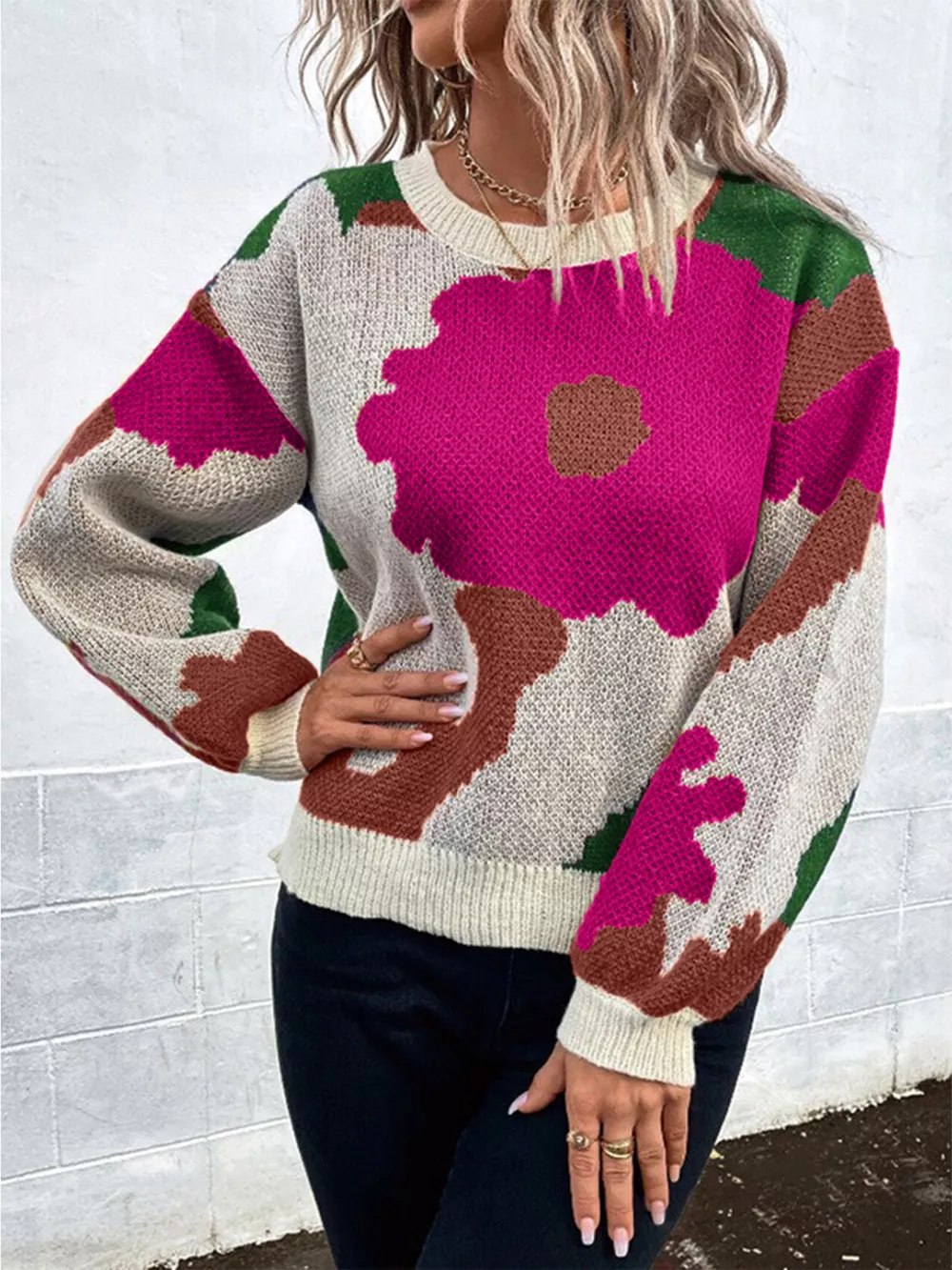 Floral Pattern Round Neck Sweater, image 16
