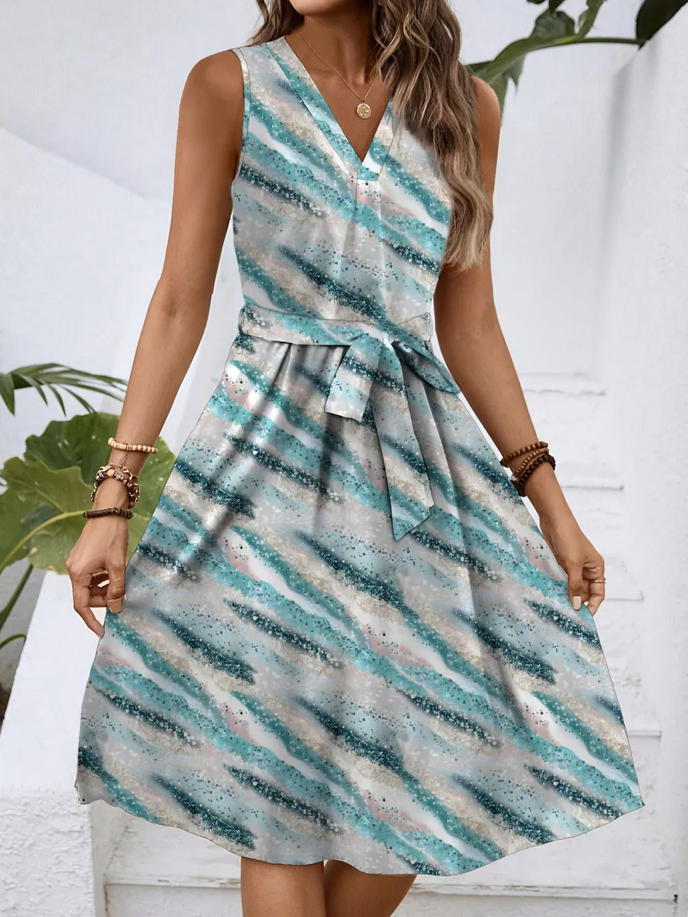 V-Neck Sleeveless Tie Waist Dress, image 6