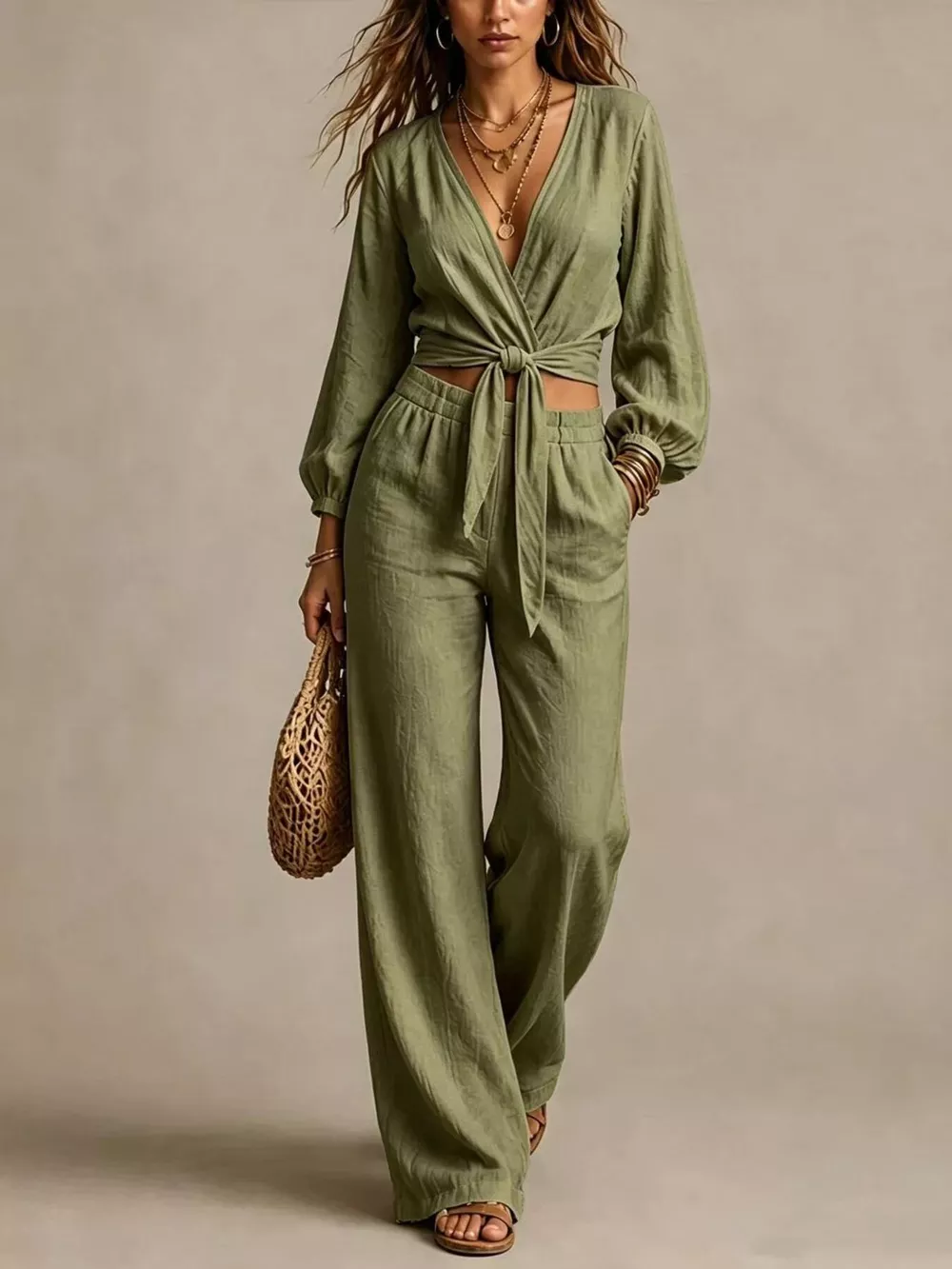 Tie-Front Crop Top and Wide-Leg Pant Set, image 3