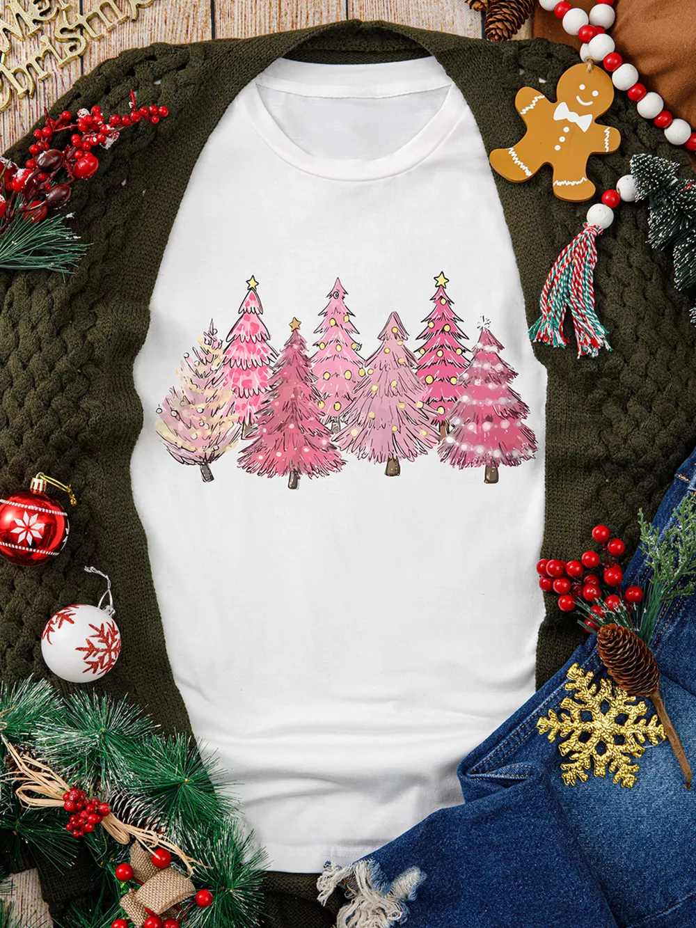 Full Size Lighting Christmas Trees Graphic Tee Plus Size, image 3