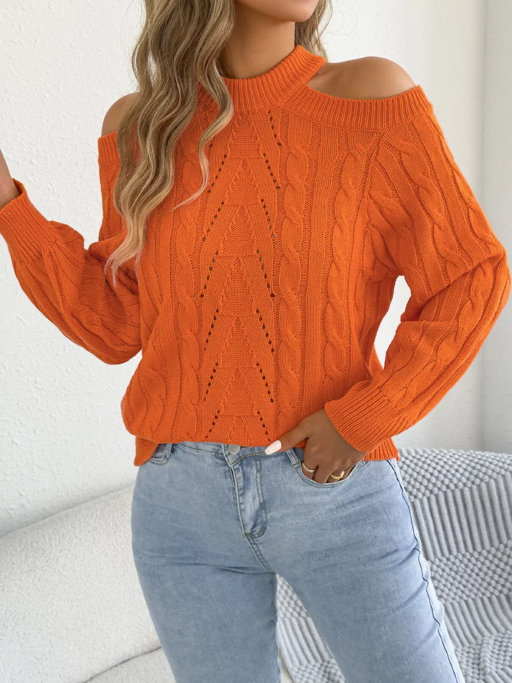 Cold Shoulder Cable Knit Sweater, image 3