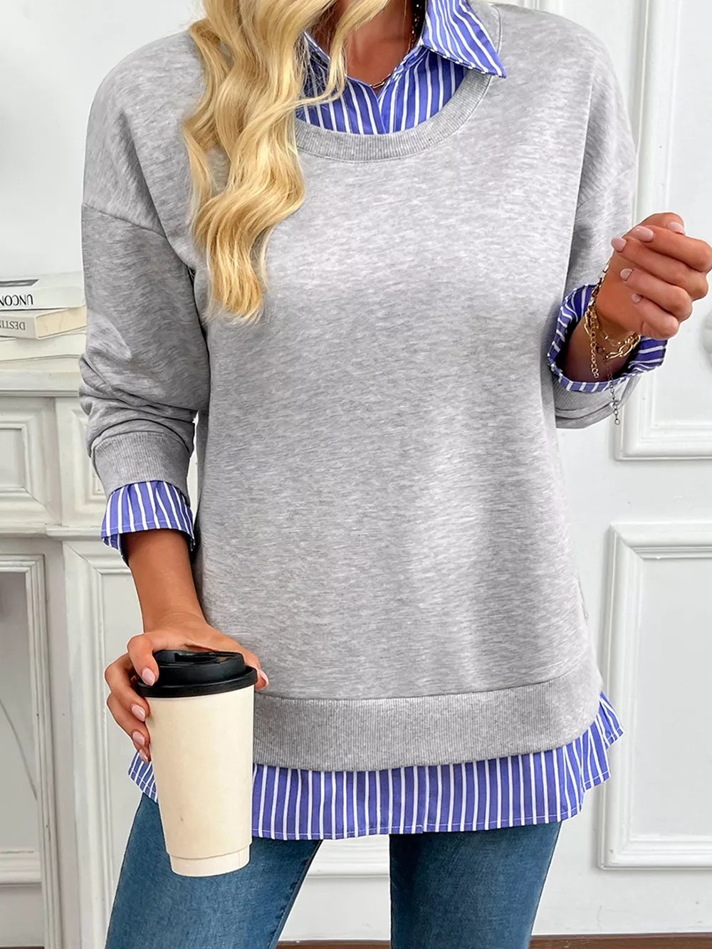 Striped Collar 2-in-1 Patchwork Casual Loose Sweatshirt