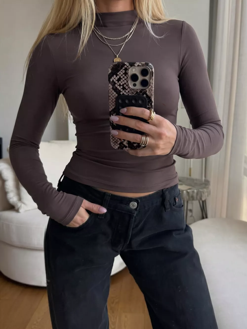 Slim-Fit Mock Neck Long Sleeve T-Shirt, image 4