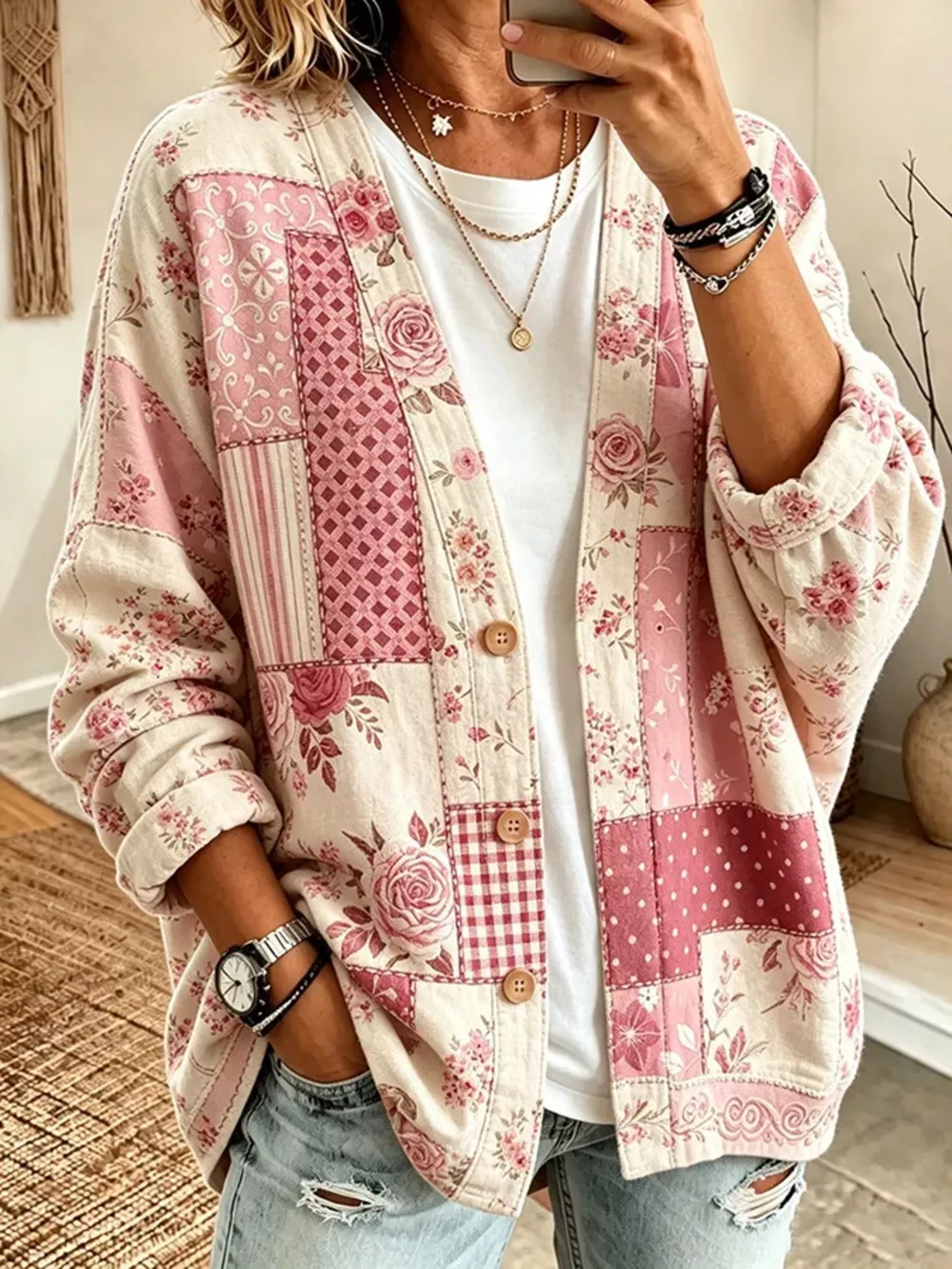 Full Size Floral V-Neck Button-Down Cardigan Plus Size, image 3