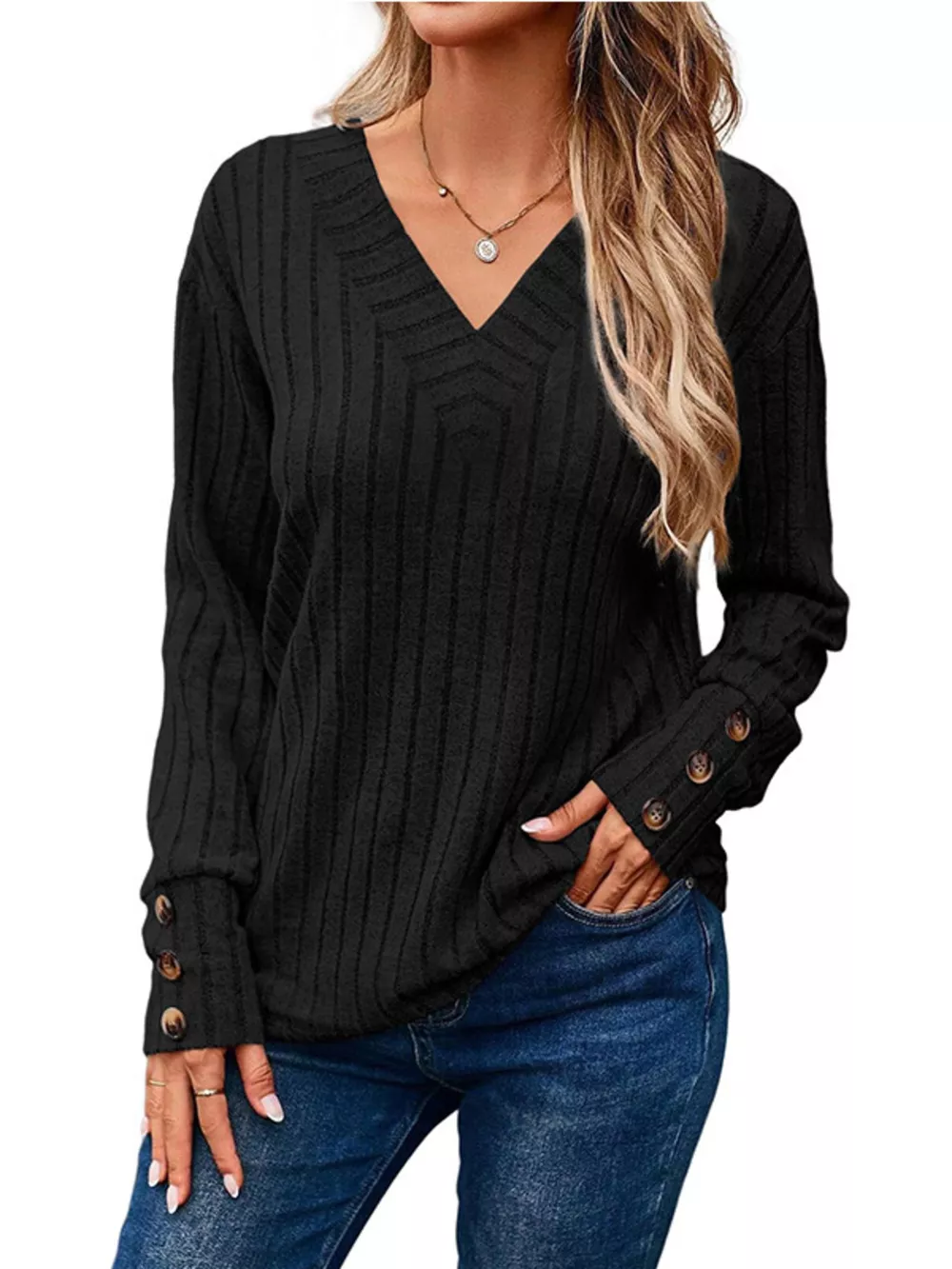 Ribbed V-Neck Long Sleeve Top, image 9