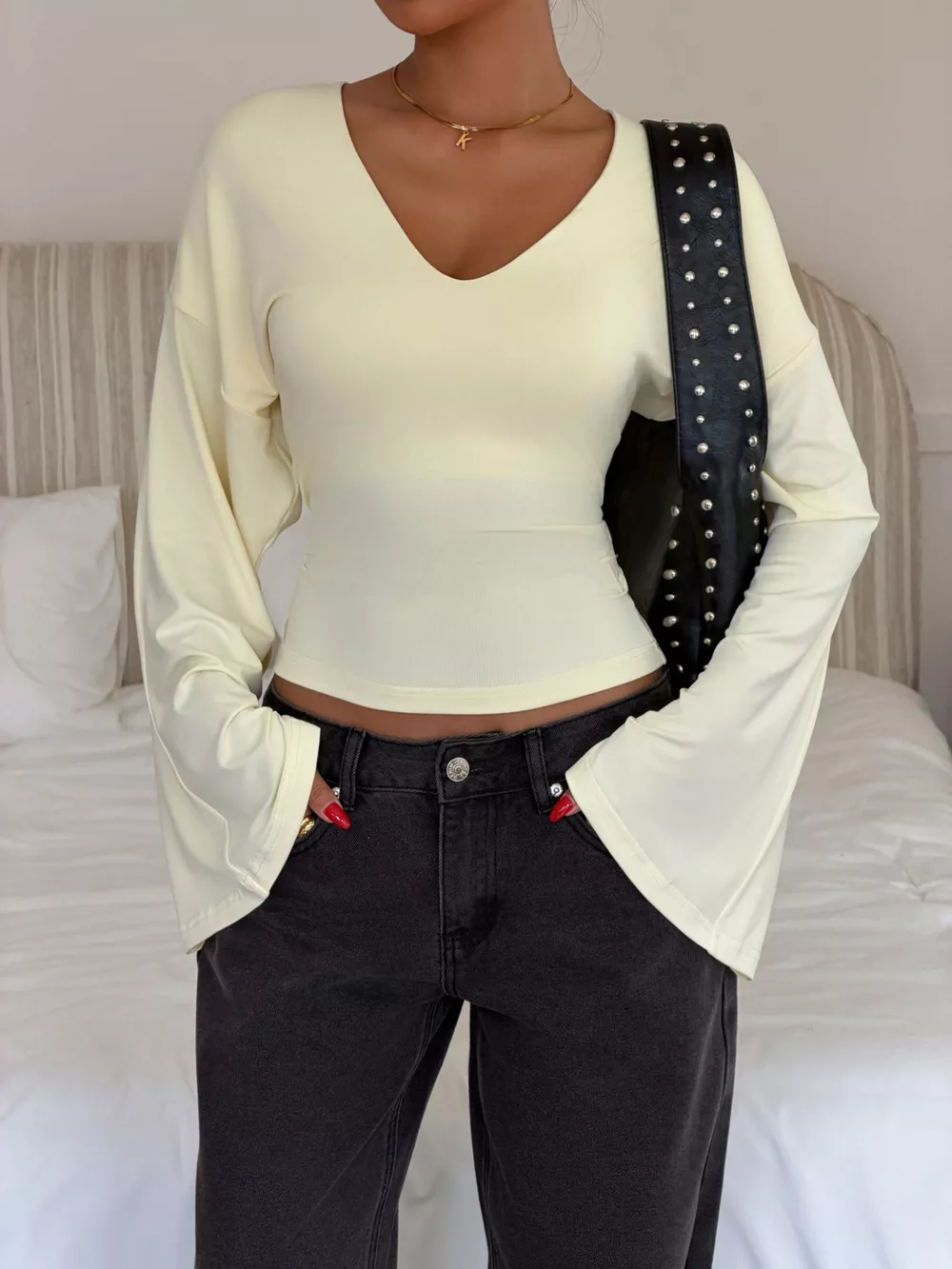 V-Neck Flare Sleeve T-Shirt, image 4