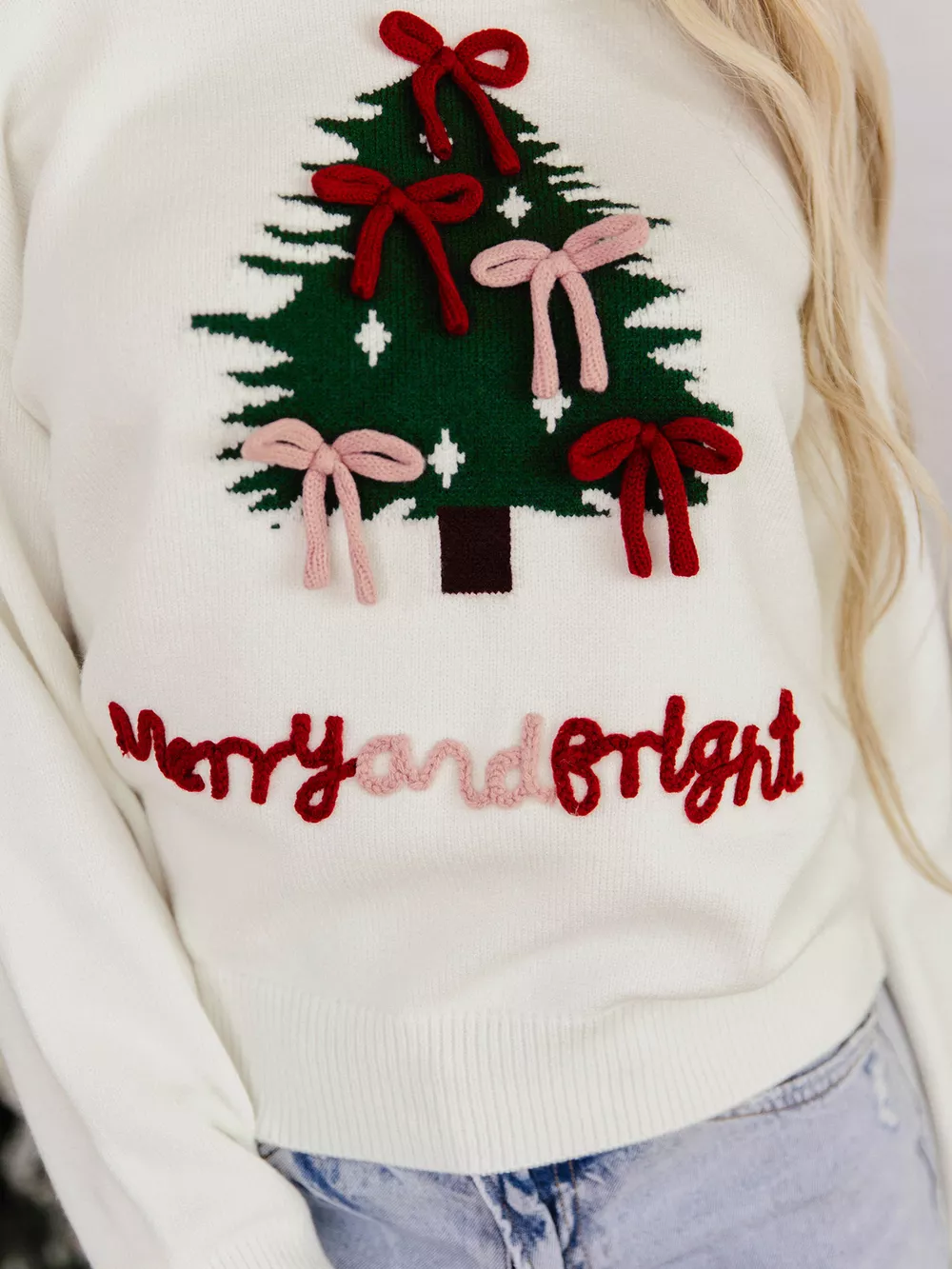 Christmas Tree Bow Drop Shoulder Knit Sweater, image 6