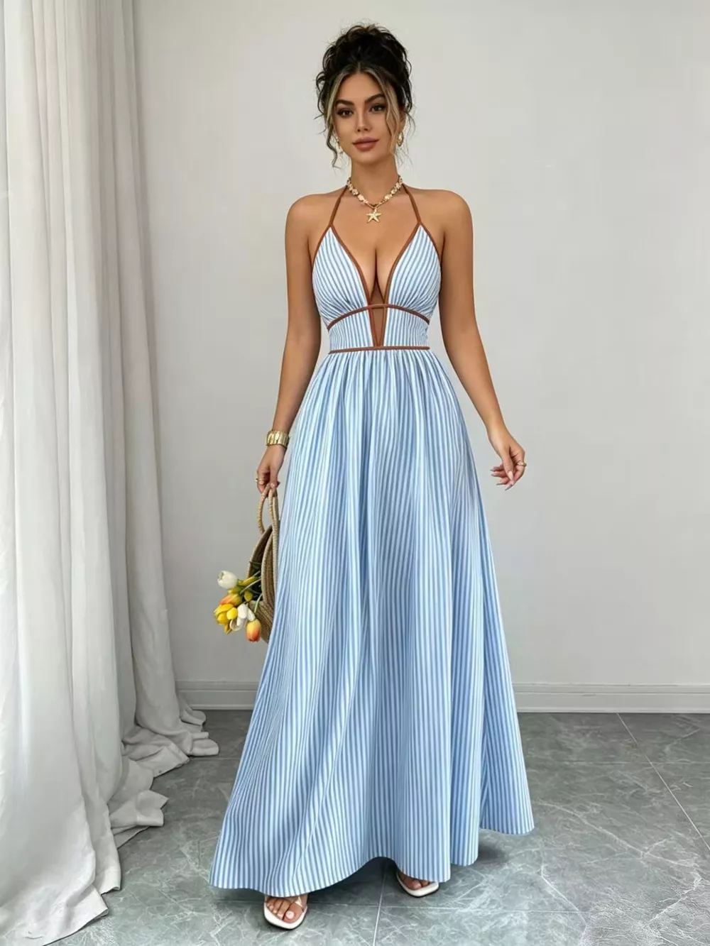 Striped Halter Neck Maxi Dress, image 3