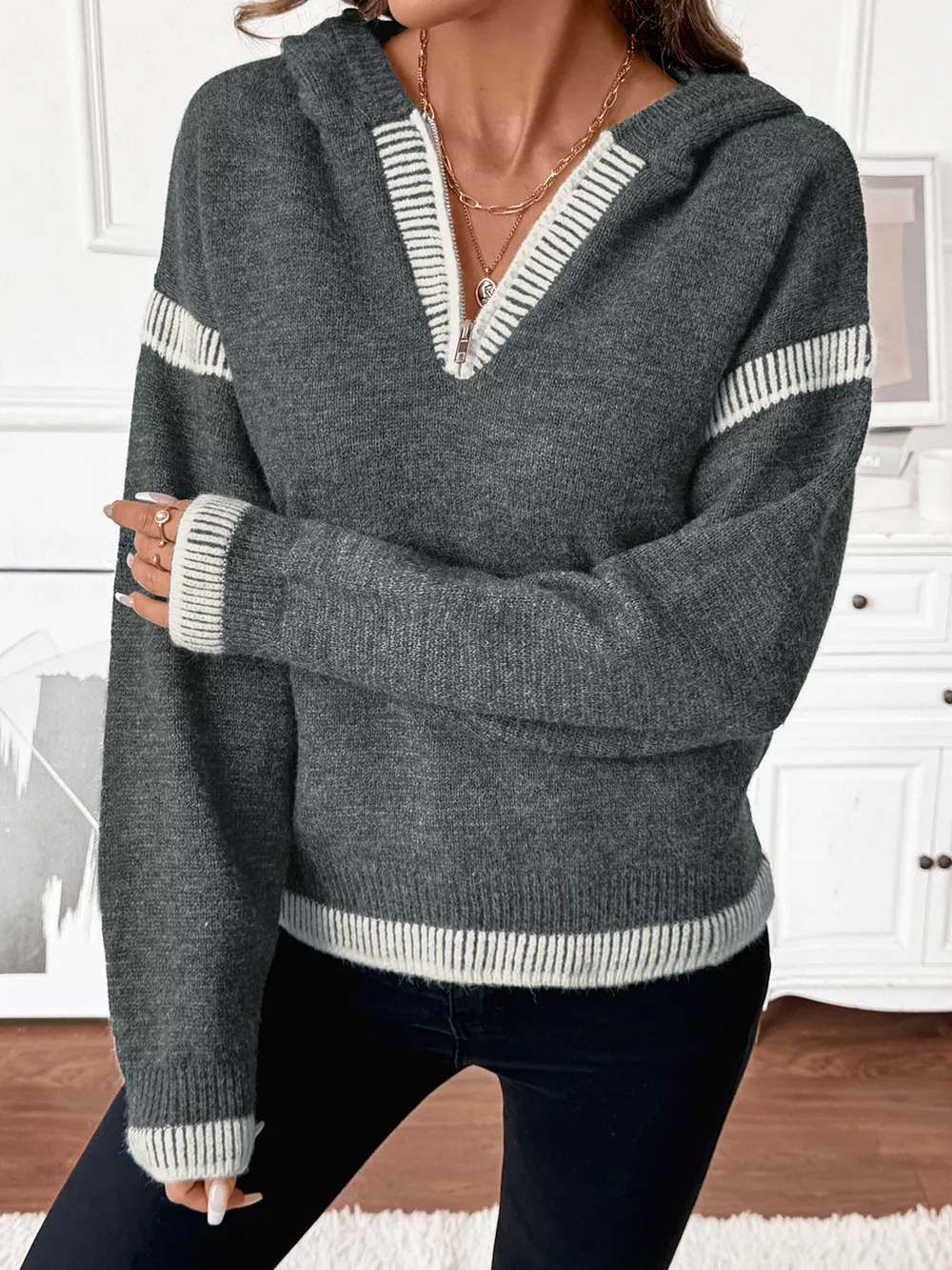 Contrast Trim Quarter Zip Hooded Sweater, image 4