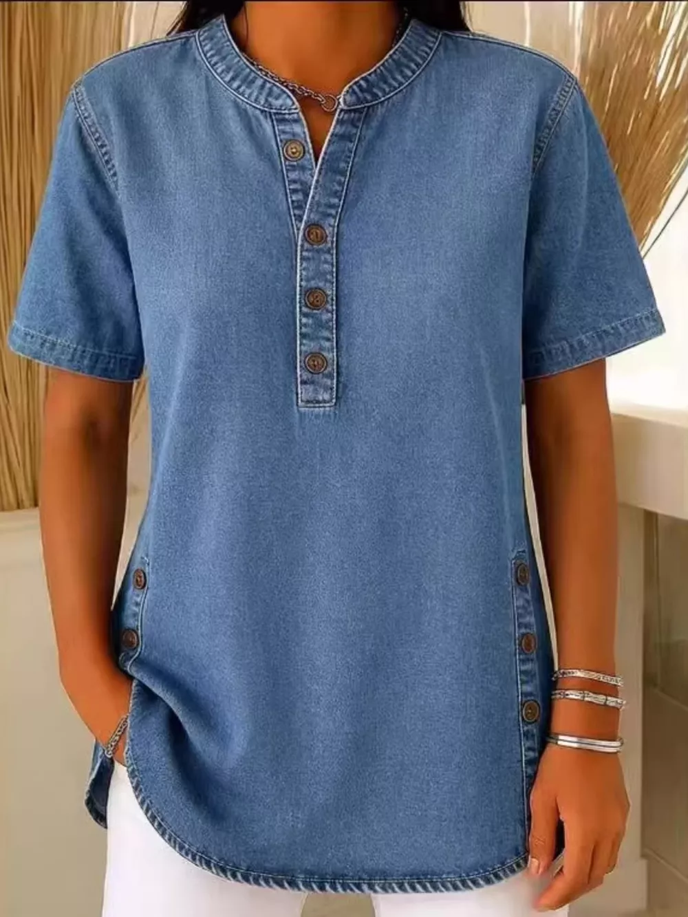Full Size Button Detail Short Sleeve Blouse Plus Size, image 2